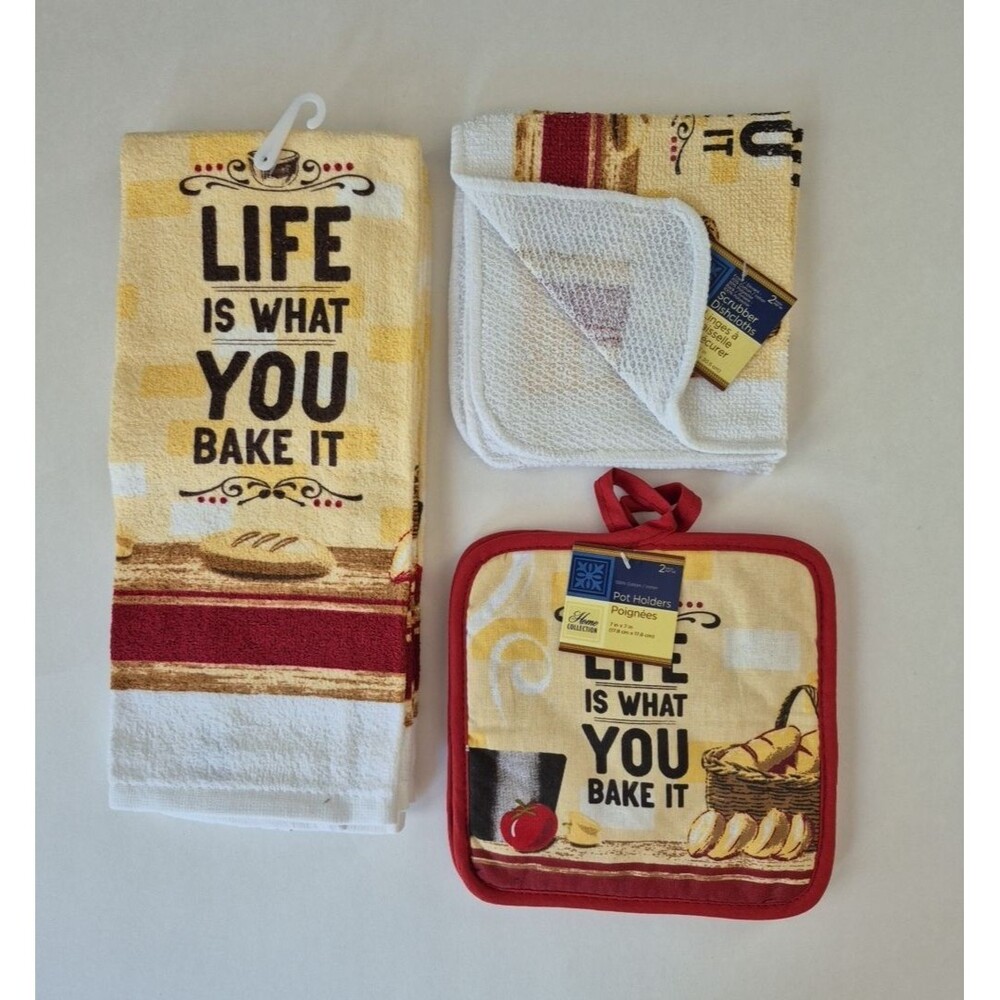 Home Collection Life is What You Bake It Kitchen Towel Dishcloths Hot Pads Set